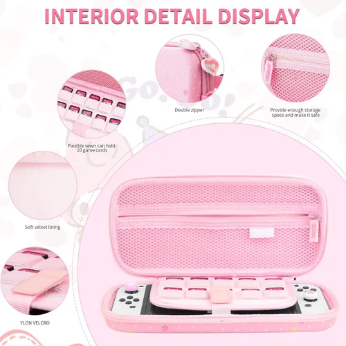 Vista 2 de HYPERCASE Pink Carrying Case Compatible with Nintendo Switch&OLED, Cute HardShell Switch Travel Storage Bag for NS&OLED Console with 10 Game Card