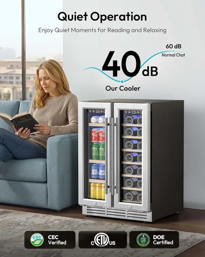 Vista 5 de EUHOMY Refrigerador de vino y bebidas, enfriador de vino de doble zona de 24 pulgadas con puerta de vidrio que contiene 21 botellas y 88 latas