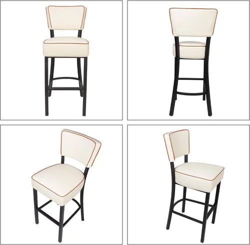 Vista 5 de Taburete de bar tapizado de 29 pulgadas con patas de acero, taburetes acolchados de piel sintética con respaldo beige