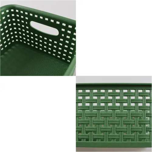 Vista 3 de Cesta de almacenamiento de plástico tejido, 10.03 x 7.55 x 4.09 pulgadas, juego de 6, verde Classic Woven Design, Dual Cutout Handles, Nestable