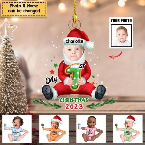 Vista 4 de Adorno acrílico personalizado de la foto Baby Onesie My First Christmas, Adorno de imagen de la primera Navidad del bebé 2023, adorno de Navidad
