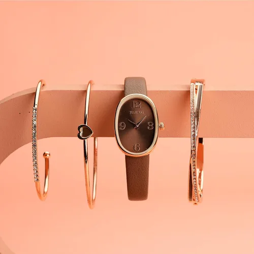 Vista 6 de TIME100 Reloj ovalado para mujer y pulsera acentuada con cristal de primera calidad, correa de cuero