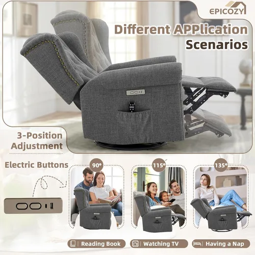 Vista 3 de Silla reclinable mecedora giratoria eléctrica con masaje y calor, mecedora eléctrica para cuarto de bebé, para sala de estar, silla reclinable Gris