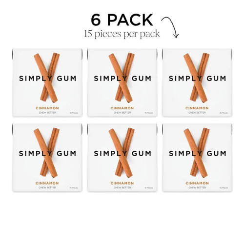 Vista 4 de SIMPLY Gum Canela, goma de mascar natural sin plástico, paquete de 6 (90 piezas) Vegano, Kosher, sin OGM, sin aspartamo y sin sorbitol