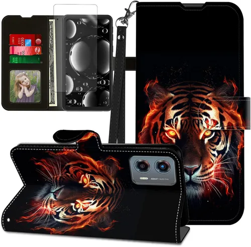 Vista 371 de Funda para Motorola Edge 2022 con protector de pantalla, soporte y tarjetero y correa para la muñeca, funda magnética para Moto Edge 2022 5G UW Lobo