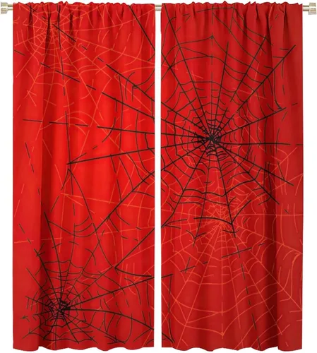 Vista 49 de Cortinas opacas de tela de araña aterradora para niños, tela de araña en blanco y negro, fondo rojo, dormitorio de niños, guardería, decoración