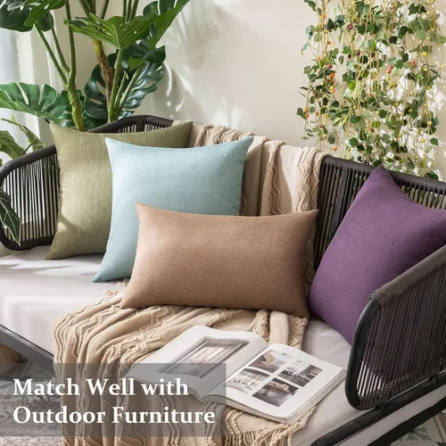 Vista 4 de MIULEE - Juego de 2 fundas de almohada decorativas para exteriores, impermeables, sólidas, de lino, para jardín, casa de campo, para Navidad