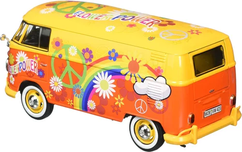Vista 2 de Motor Max 1:24 W/B Volkswagen Tipo 2 T1 Van de entrega con diseño de flor de potencia, amarillo/naranja