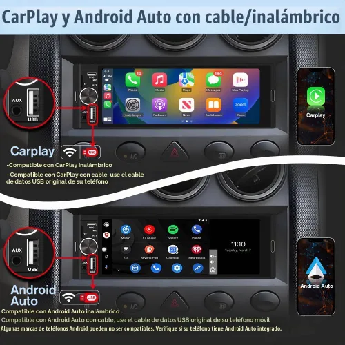 Vista 4 de Estéreo Universal Single Din para Automóvil con CarPlay Inalámbrico y Android Auto, Unidad Principal de Pantalla Táctil IPS de 6.36 Pulgadas