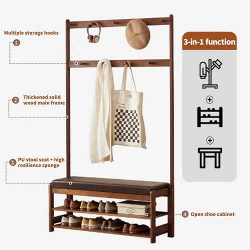Vista 3 de 3in 1 Entryway Organizer with Coat Hooks and Shoe Storage Bench, Freestanding Coat Rack Space-Saving Solution for Mudroom, Foyer, and Home