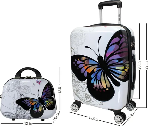 Vista 3 de World Traveler Butterfly - Juego de equipaje giratorio extensible de policarbonato rígido con sistema de ruedas mejorado, Mariposa, Juego de 2