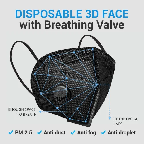 Vista 4 de Máscara facial negra con válvula de respiración, paquete de 5 unidades, mascarillas desechables para mujeres y hombres, 5 capas no tejidas