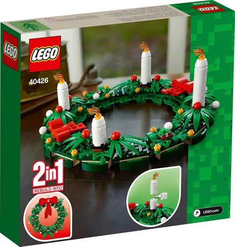 Vista 2 de Corona de Navidad 2 en 1 icónica de LEGO con gran lazo rojo y adviento 40426