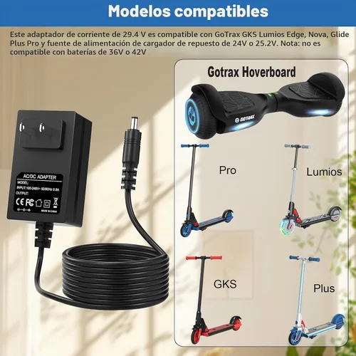 Vista 2 de Cargador de 29.4V para Hoverboard Gotrax compatible con Gotrax GKS Lumios/Plus/Pro/Edge/Nova/Glide 24V y 25.2V Baterías Cable adaptador de corriente
