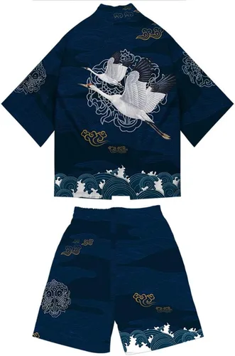 Vista 2 de Kimono japonés y pantalones cortos con estampado 3D de anime para hombre