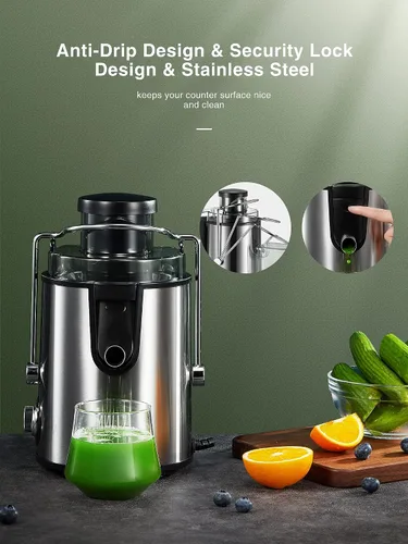 Vista 2 de Exprimidor, extractor de jugo, fácil de limpiar, máquina exprimidora de acero inoxidable con boca de 3 pulgadas de ancho, exprimidor centrífugo de 2