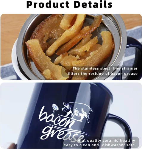 Vista 2 de ONTUBE Contenedor de grasa de tocino de cerámica con colador, recipiente de grasa para almacenamiento de aceite de cocina, protector de grasa