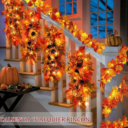 Vista 2 de Paquete de 2 guirnaldas de hojas de otoño con luces, funciona con pilas, decoración de Acción de Gracias Extra Long 23.6Ft Maple Garland with
