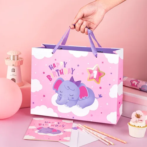 Vista 5 de WRAPAHOLIC Bolsa de regalo grande de 13 pulgadas con tarjeta y papel de seda, adorable bolsa de regalo de elefante para bebé, baby shower, fiesta