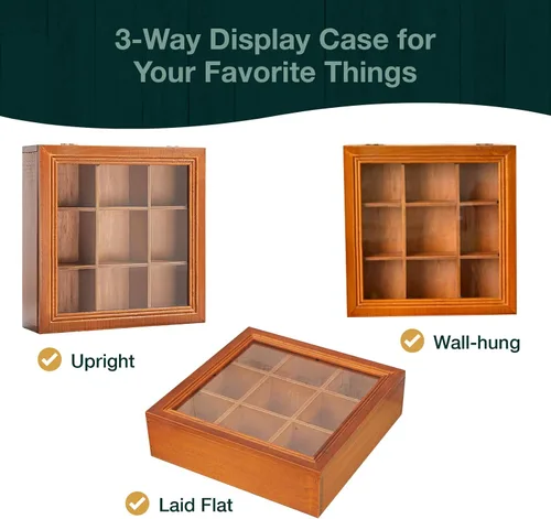 Vista 5 de Mini caja de almacenamiento de madera de 9 ranuras con estuche de acrílico transparente coleccionables, caja organizadora cuadrada de madera
