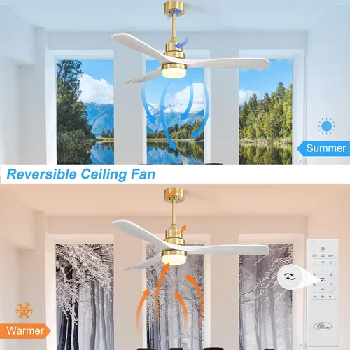Vista 4 de Sofucor Ventilador de techo de madera moderno de 52 pulgadas con luz y Latón gris+oro