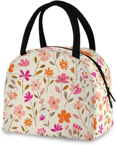 Vista 2 de Pequeñas flores patrón de follaje rosa naranja beige claro portátil lonchera mujeres aisladas bolsas de almuerzo para mujeres para camping bolsos