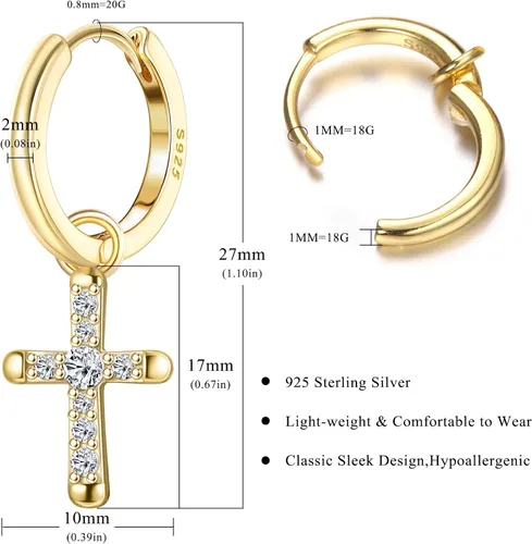 Vista 2 de Milacolato Aretes de plata de ley 925 con cruz para hombres y mujeres, delicados aretes de aro con circonita cúbica, aretes colgantes de cruz