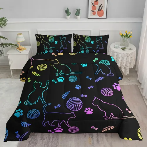 Vista 12 de Axolotl - Juego de ropa de cama para niños con diseño de gatos de dibujos animados tamaño individual, juego de edredón con líneas degradadas y lindo