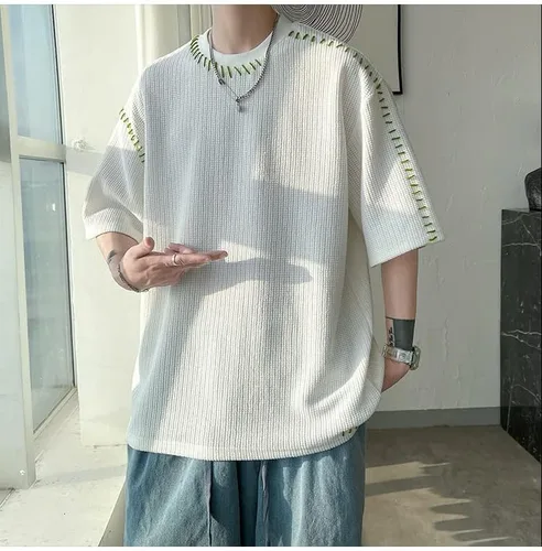 Vista 5 de LLLY Camisetas de verano para hombre de costura manual, camiseta de manga corta de gran tamaño, ropa de calle, para hombres y mujeres, camisetas