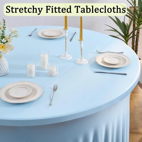 Vista 2 de Paquete de 6 manteles redondos de elastano azul bebé para mesa de 60 pulgadas, manteles elásticos de 120 pulgadas ajustables de 5 pies, manteles