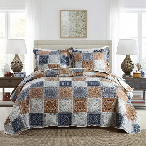 Vista 16 de NEWLAKE Juego de colchas tamaño queen, conjunto de colcha de algodón con diseño de retazos en colores azul y negro con patrones a cuadros, colcha
