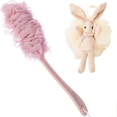 Vista 10 de Cepillo de baño de mango largo para ducha + esponja de baño gris Luffa