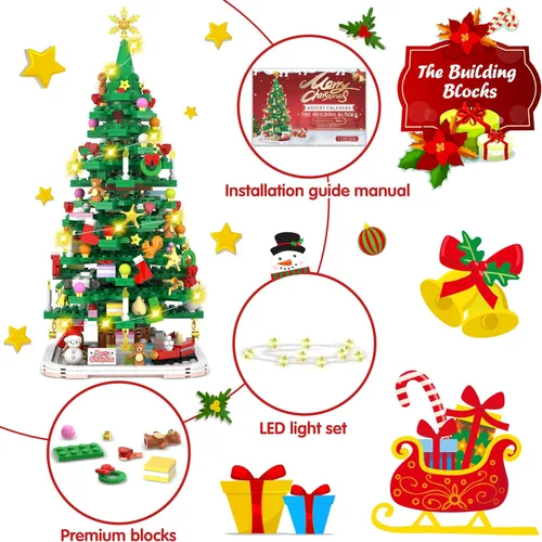 Vista 4 de Calendario de Adviento 2026, juego de juguetes de construcción de árbol de Navidad con luz LED, calendario de cuenta regresiva de Navidad, bloque