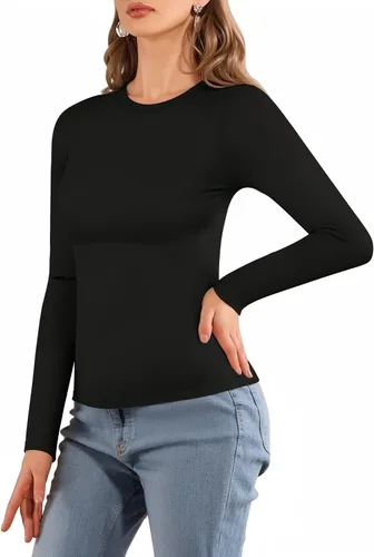 Vista 4 de MANGOPOP Crew Neck Long Sleeve Short Sleeve T Shirts for Women Fitted Shirts Tight Neck T Shirts Basic Tee Tops