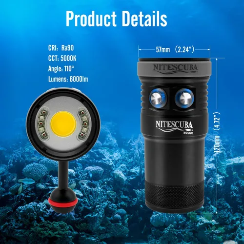 Vista 6 de Nitescuba NSS60 Buceo Luz Subacuática Video Luz 6000 Lumen Linterna Impermeable para 100m/330ft CRI=90 Fotografía Subacuática, que se conecta a