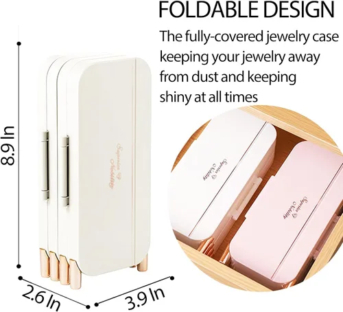 Vista 2 de Lejesth Caja organizadora de joyas plegable con espejo, organizador de aretes y anillos de 4 capas, a prueba de polvo, caja de joyería que ahorra