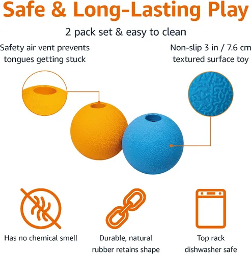 Vista 2 de Amazon Basics Juguetes para Perros, Pelotas de Goma Interactivas para Buscar, (Paquete de 2), 3 Pulgadas, Azul, Naranja