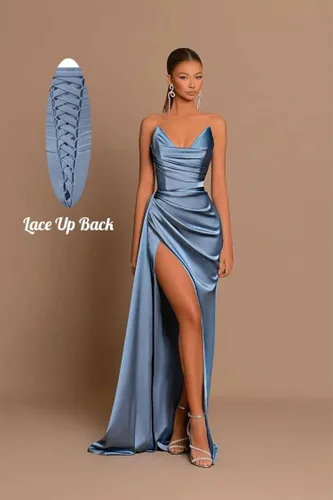 Vista 5 de GUKARLEED Vestido largo de satén con hombros descubiertos para mujer, vestido de dama de honor, vestido formal, vestido de fiesta de noche