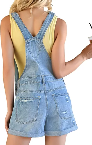 Vista 3 de GRAPENT Pantalones cortos de mezclilla rasgados con tirantes ajustables para mujer