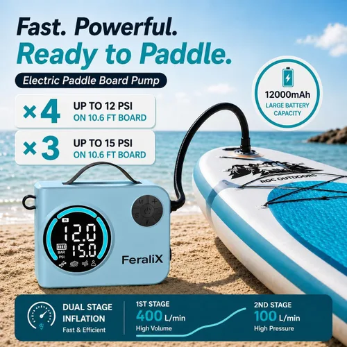 Vista 2 de Bomba eléctrica para tabla de remo, compresor de aire SUP recargable de 20 PSI con apagado automático, inflado y desinflado de doble etapa