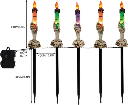 Vista 3 de WATERGLIDE Juego de 5 estacas de luz para velas de Halloween, diseño de manos de esqueleto, resistentes al agua, funciona
