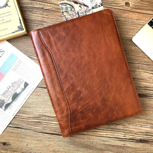 Vista 6 de Cartera de piel auténtica, con cremallera para hombres, carpeta de cuero para bloc de notas tamaño carta, cartera para mujeres, organizador de Cera