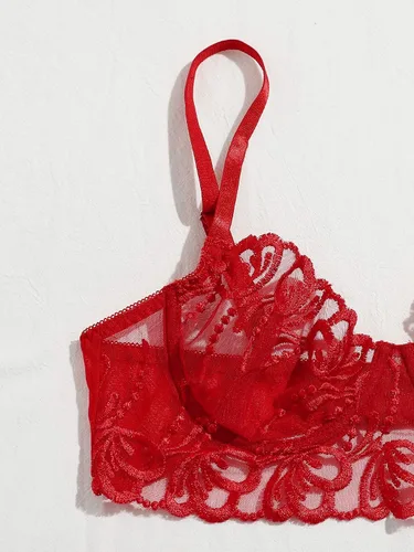 Vista 3 de SOLY HUX Conjunto de brasier y braga de lencería con aros y malla floral bordada para mujer