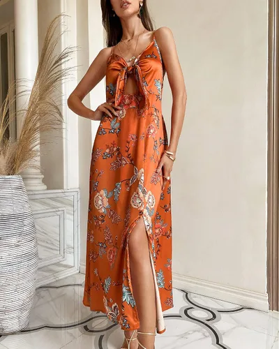 Vista 3 de Fashionme - Vestidos de satén, longitud por debajo de la rodilla, con tirantes delgados, para mujer, con lazo frontal, espalda descubierta
