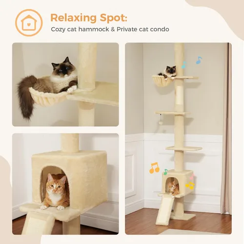 Vista 6 de PEQULTI Árbol para gatos de piso a techo, torre alta para gatos, altura ajustable (83-108 pulgadas), 5 niveles de árbol trepador para gatos