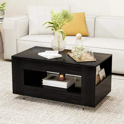 Vista 9 de Mesa de centro de grano de madera con estante abierto, mesa de cóctel moderna de alto brillo para sala de estar, dormitorio, oficina