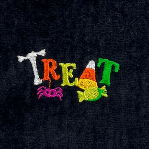 Vista 7 de Juego de 2 toallas de mano decorativas de Halloween, toallas de algodón de terciopelo de felpa negra con diseño bordado de truco o trato, toallas
