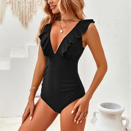 Vista 5 de TcIFE Traje de baño de una pieza para mujer, con control de abdomen, volantes, cuello en V, push up, monokinis
