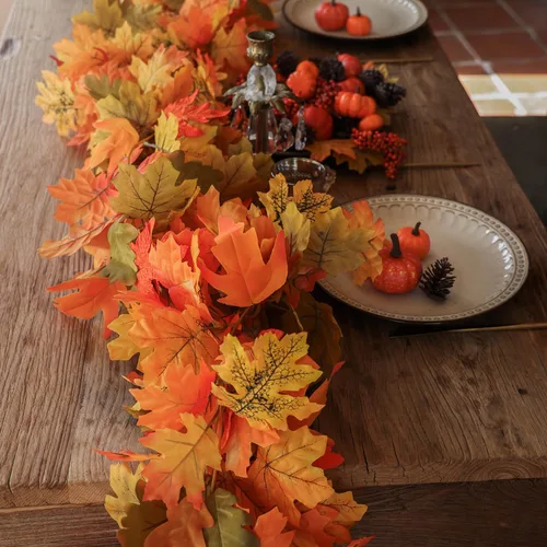 Vista 8 de PARTY JOY 6 guirnaldas de hojas de naranja, guirnalda de Halloween de 5.6 pies, hoja de arce artificial, para colgar en otoño, decoración de Acción