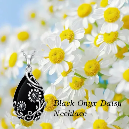 Vista 3 de Collar de margaritahibiscolotorosapeoníagirasol, plata de ley 925, lágrima, ónix negro, joyería de flores vintage, regalos para mujeres